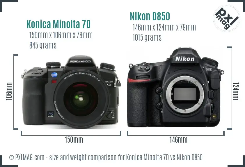 Konica Minolta 7D vs Nikon D850 size comparison