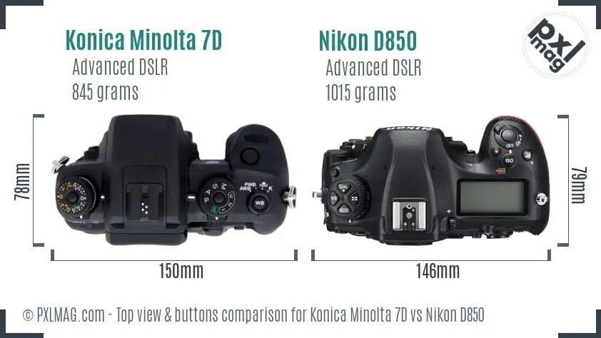 Konica Minolta 7D vs Nikon D850 top view buttons comparison