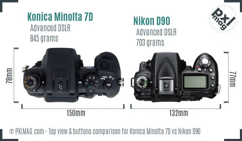 Konica Minolta 7D vs Nikon D90 top view buttons comparison