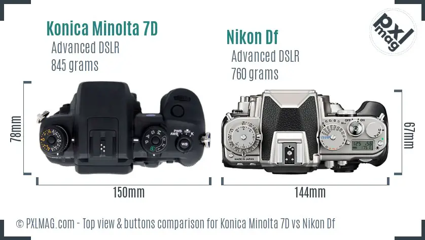 Konica Minolta 7D vs Nikon Df top view buttons comparison