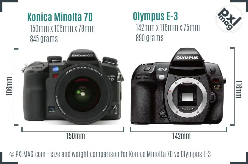 Konica Minolta 7D vs Olympus E-3 size comparison