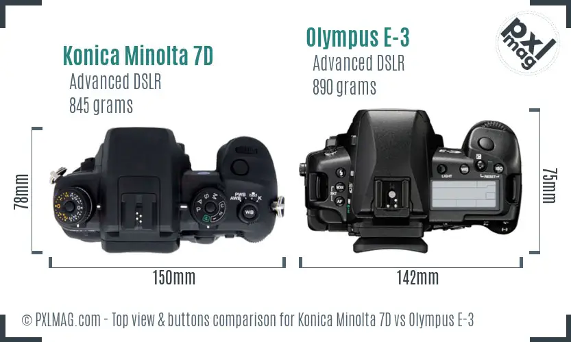 Konica Minolta 7D vs Olympus E-3 top view buttons comparison