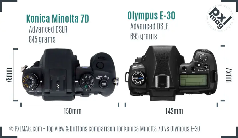 Konica Minolta 7D vs Olympus E-30 top view buttons comparison