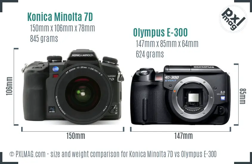 Konica Minolta 7D vs Olympus E-300 size comparison