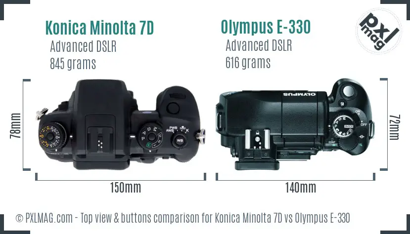 Konica Minolta 7D vs Olympus E-330 top view buttons comparison