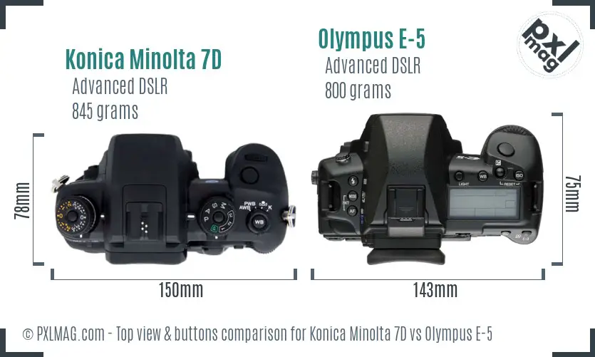 Konica Minolta 7D vs Olympus E-5 top view buttons comparison