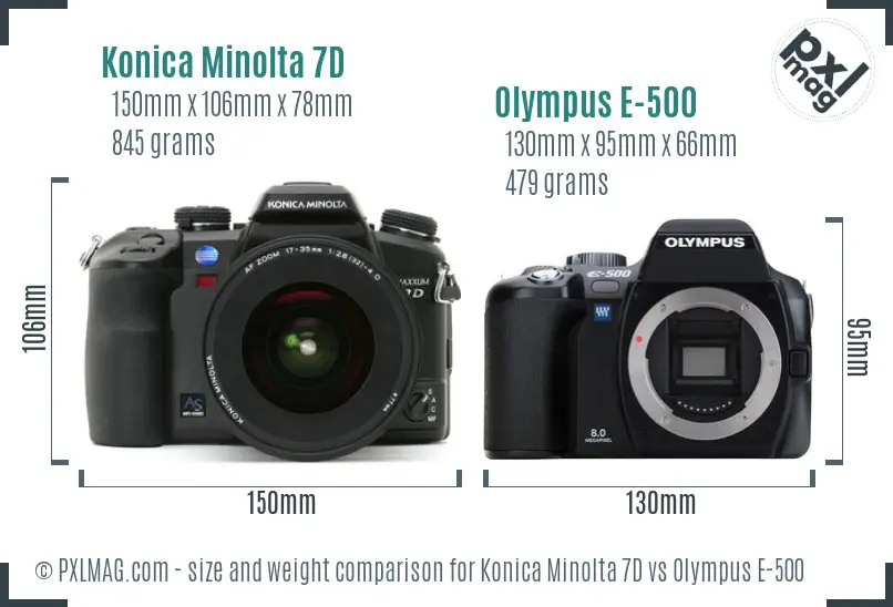 Konica Minolta 7D vs Olympus E-500 size comparison