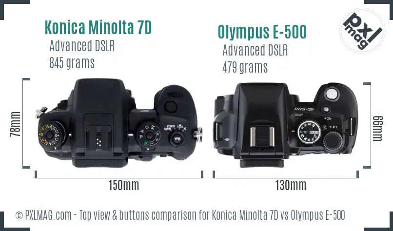 Konica Minolta 7D vs Olympus E-500 top view buttons comparison