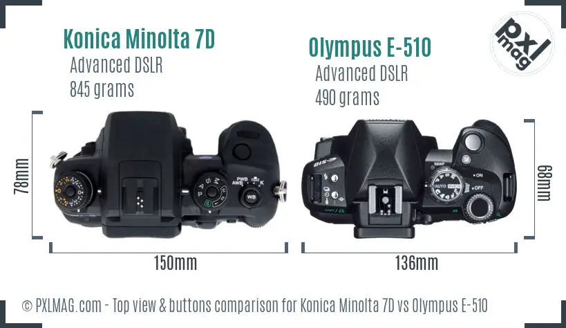 Konica Minolta 7D vs Olympus E-510 top view buttons comparison Konica Minolta 7D vs Olympus E-510 top view buttons comparison