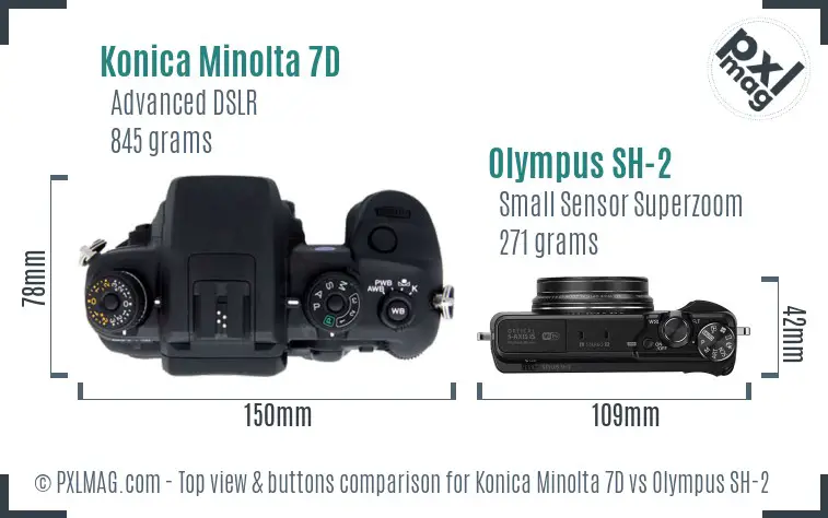 Konica Minolta 7D vs Olympus SH-2 top view buttons comparison