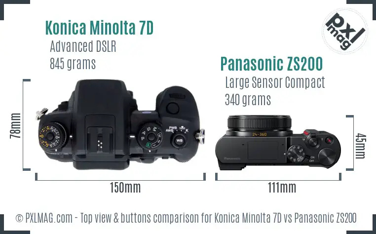 Konica Minolta 7D vs Panasonic ZS200 top view buttons comparison