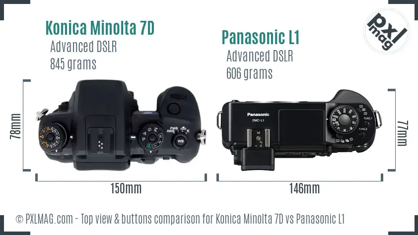 Konica Minolta 7D vs Panasonic L1 top view buttons comparison