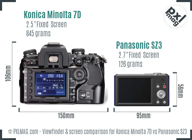 Konica Minolta 7D vs Panasonic SZ3 Screen and Viewfinder comparison