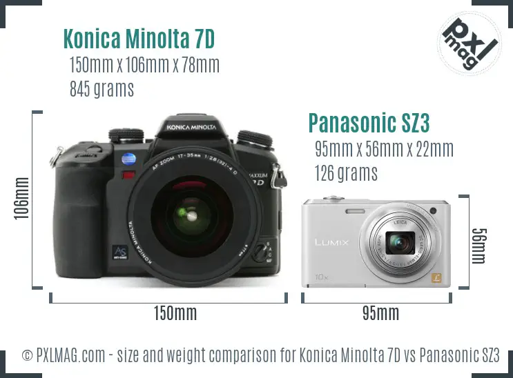 Konica Minolta 7D vs Panasonic SZ3 size comparison