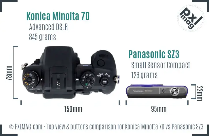Konica Minolta 7D vs Panasonic SZ3 top view buttons comparison