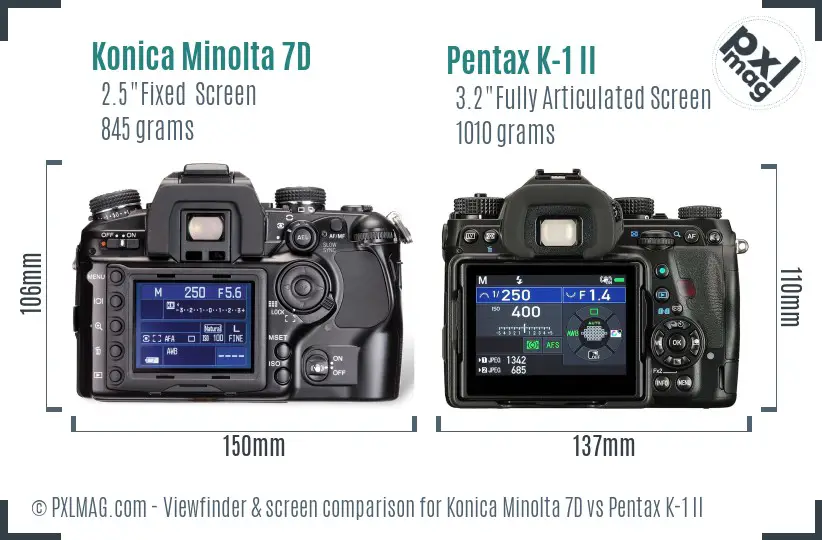 Konica Minolta 7D vs Pentax K-1 II Screen and Viewfinder comparison