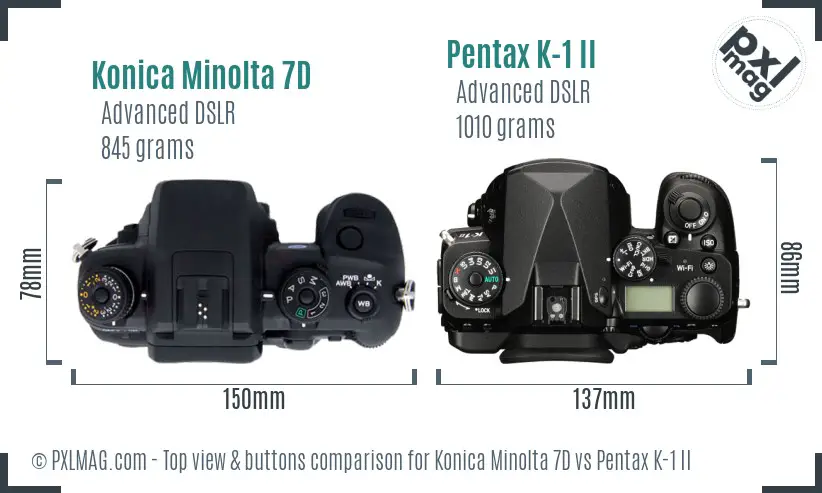 Konica Minolta 7D vs Pentax K-1 II top view buttons comparison