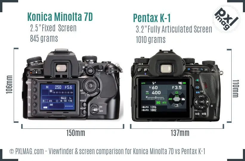 Konica Minolta 7D vs Pentax K-1 Screen and Viewfinder comparison