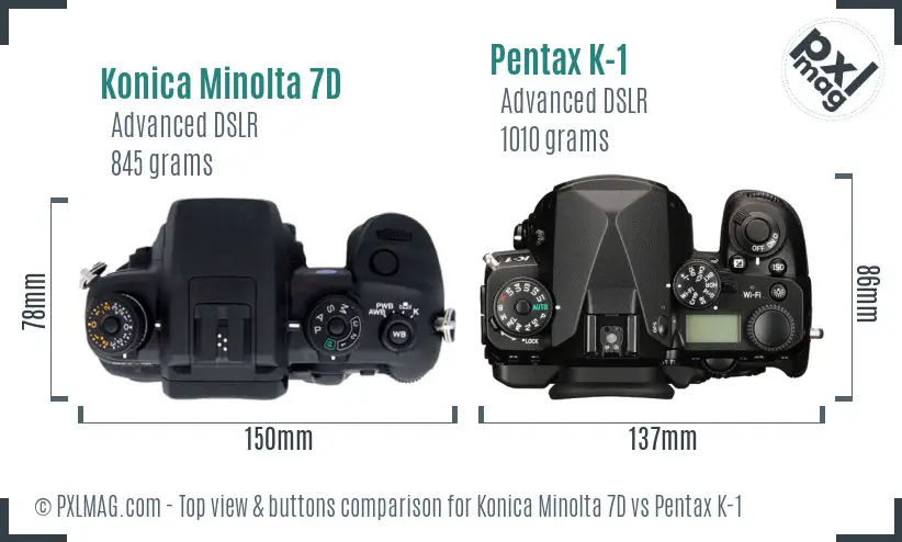 Konica Minolta 7D vs Pentax K-1 top view buttons comparison
