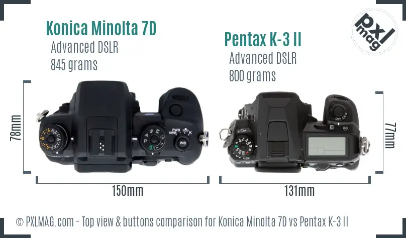 Konica Minolta 7D vs Pentax K-3 II top view buttons comparison