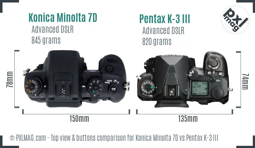 Konica Minolta 7D vs Pentax K-3 III top view buttons comparison