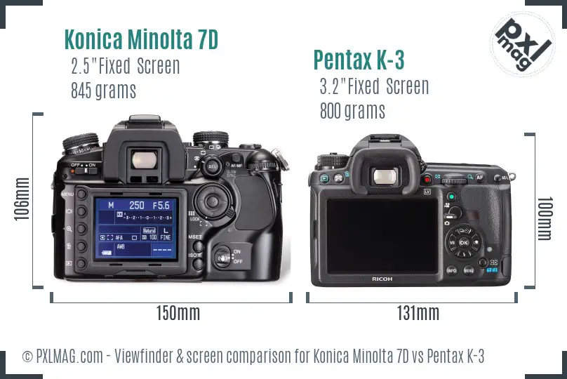 Konica Minolta 7D vs Pentax K-3 Screen and Viewfinder comparison