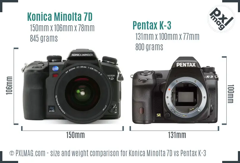 Konica Minolta 7D vs Pentax K-3 size comparison
