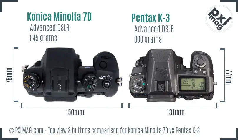 Konica Minolta 7D vs Pentax K-3 top view buttons comparison