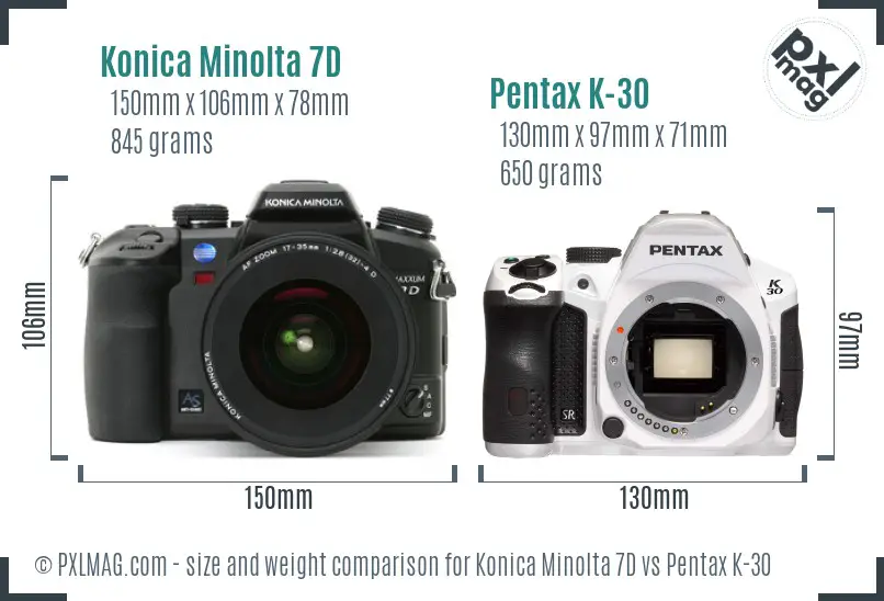Konica Minolta 7D vs Pentax K-30 size comparison