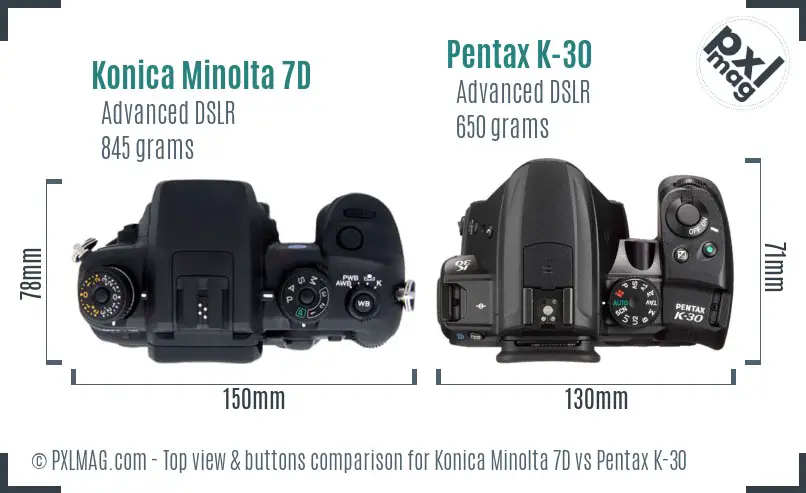 Konica Minolta 7D vs Pentax K-30 top view buttons comparison