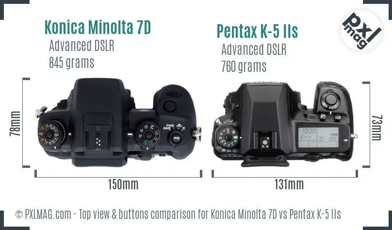 Konica Minolta 7D vs Pentax K-5 IIs top view buttons comparison