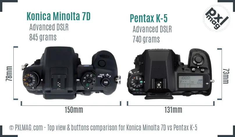 Konica Minolta 7D vs Pentax K-5 top view buttons comparison Konica Minolta 7D vs Pentax K-5 top view buttons comparison