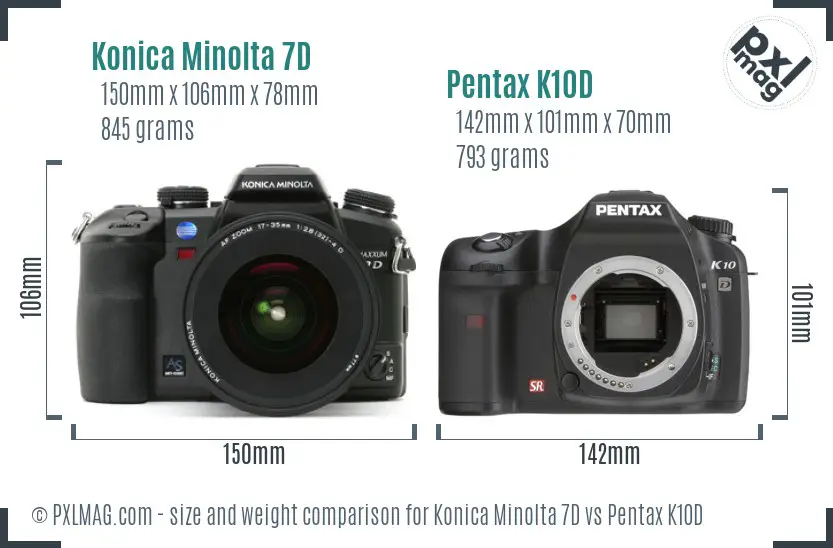 Konica Minolta 7D vs Pentax K10D size comparison