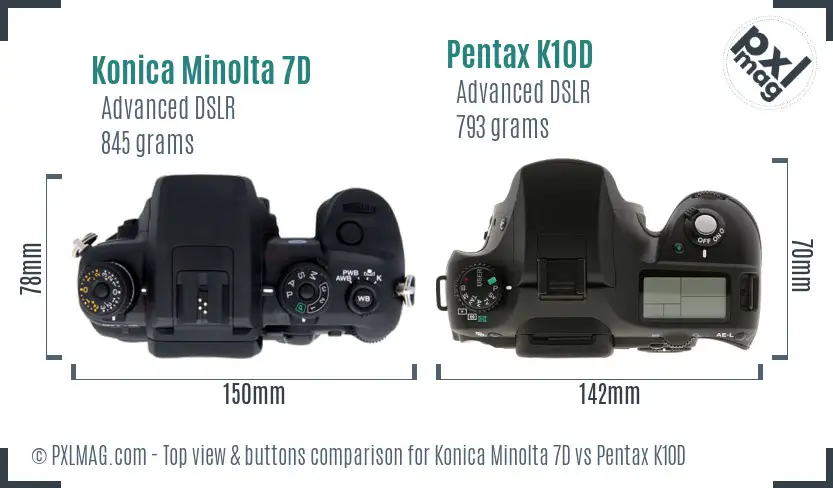 Konica Minolta 7D vs Pentax K10D top view buttons comparison
