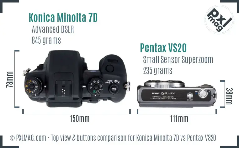 Konica Minolta 7D vs Pentax VS20 top view buttons comparison
