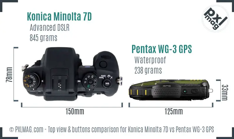 Konica Minolta 7D vs Pentax WG-3 GPS top view buttons comparison
