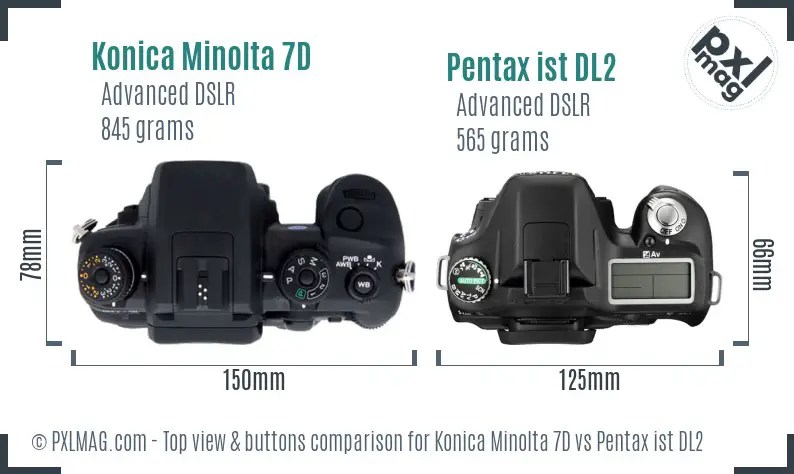 Konica Minolta 7D vs Pentax ist DL2 top view buttons comparison