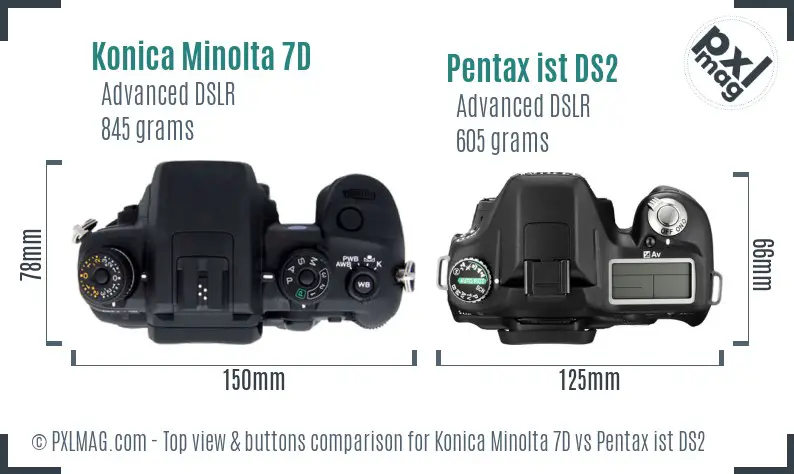 Konica Minolta 7D vs Pentax ist DS2 top view buttons comparison