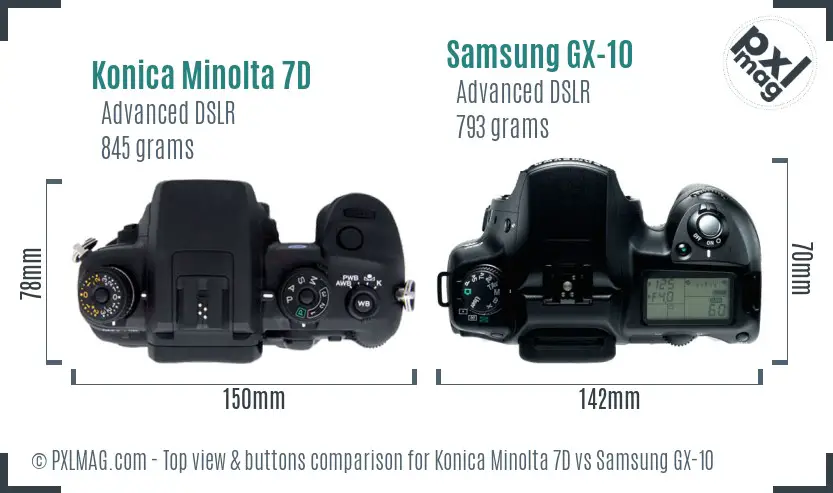 Konica Minolta 7D vs Samsung GX-10 top view buttons comparison