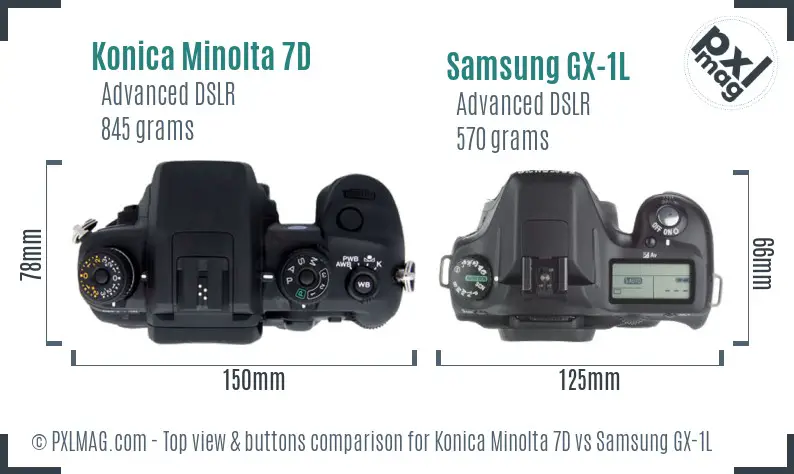 Konica Minolta 7D vs Samsung GX-1L top view buttons comparison