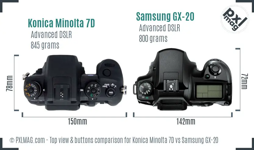 Konica Minolta 7D vs Samsung GX-20 top view buttons comparison