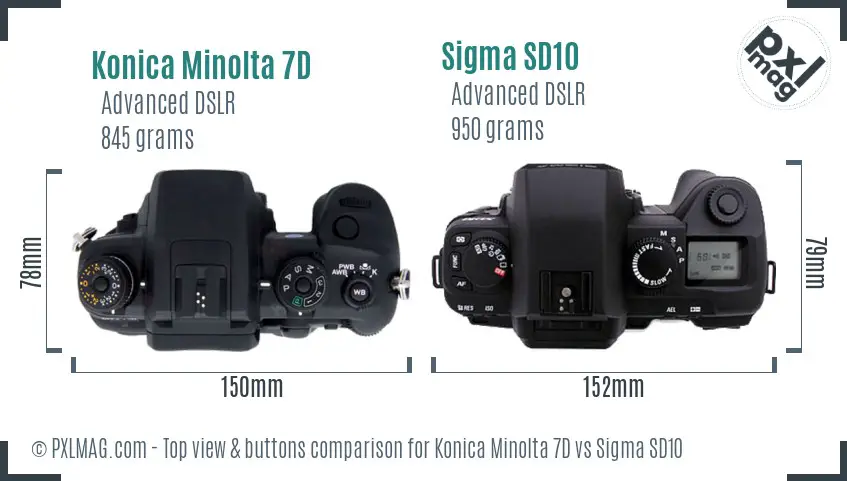 Konica Minolta 7D vs Sigma SD10 top view buttons comparison