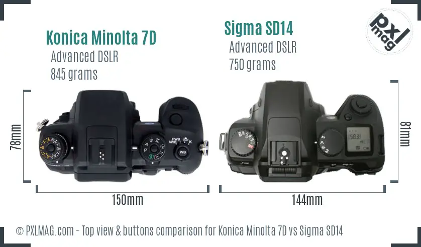 Konica Minolta 7D vs Sigma SD14 top view buttons comparison
