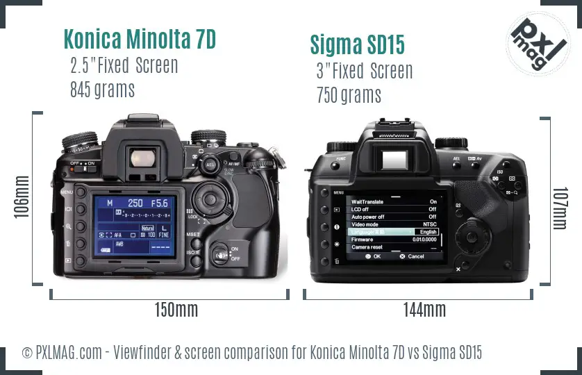 Konica Minolta 7D vs Sigma SD15 Screen and Viewfinder comparison