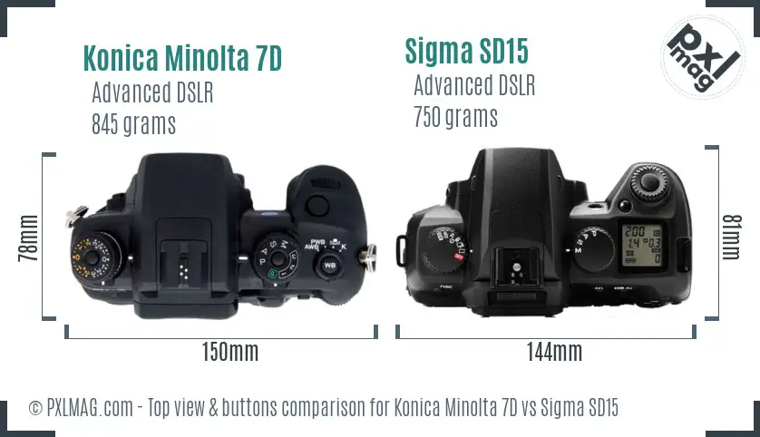 Konica Minolta 7D vs Sigma SD15 top view buttons comparison