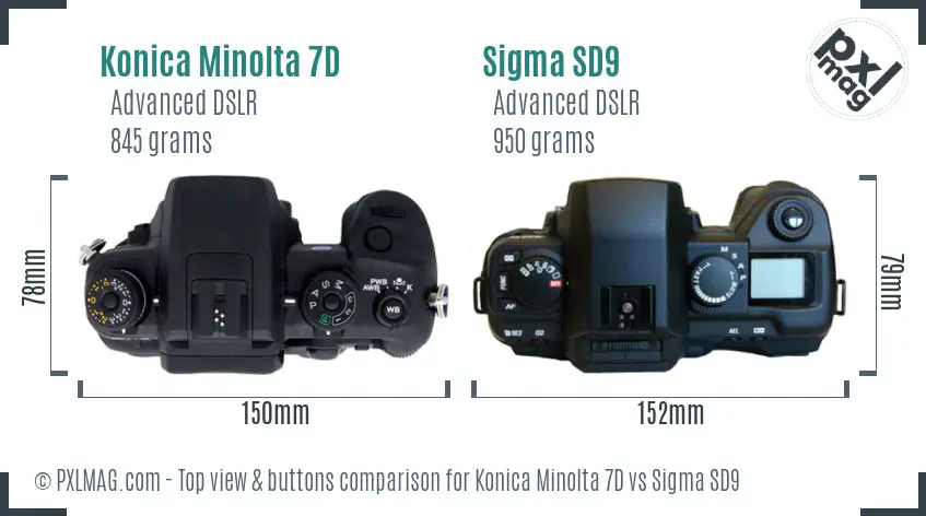 Konica Minolta 7D vs Sigma SD9 top view buttons comparison