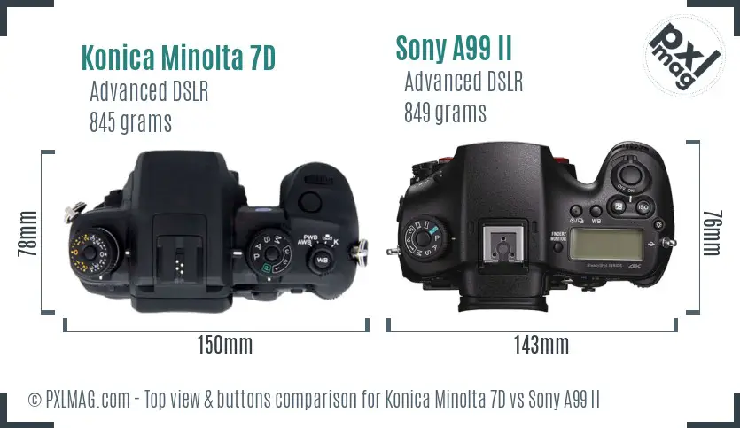 Konica Minolta 7D vs Sony A99 II top view buttons comparison
