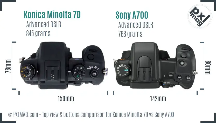 Konica Minolta 7D vs Sony A700 top view buttons comparison