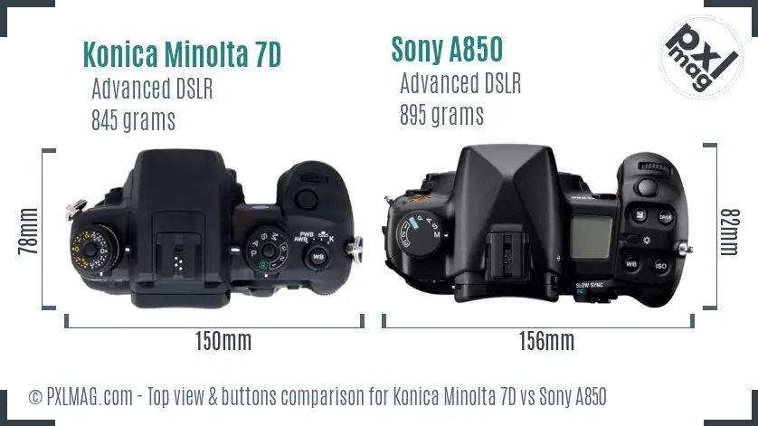 Konica Minolta 7D vs Sony A850 top view buttons comparison