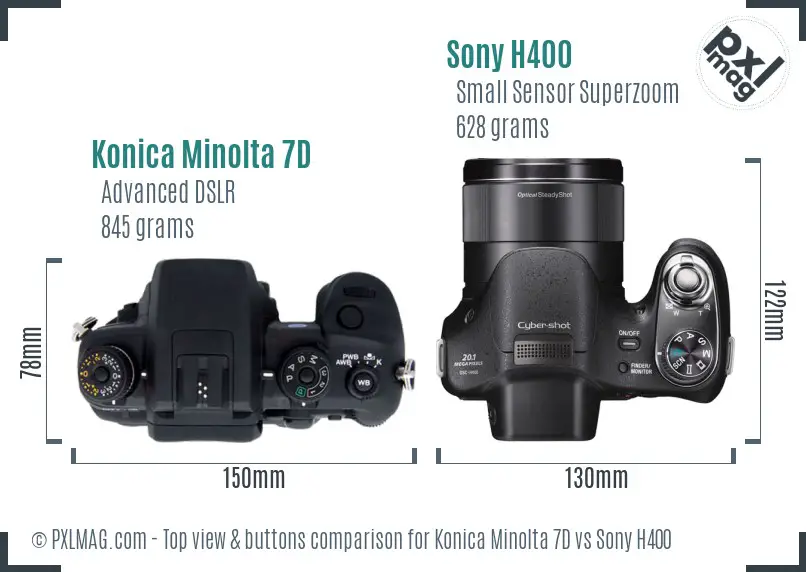 Konica Minolta 7D vs Sony H400 top view buttons comparison